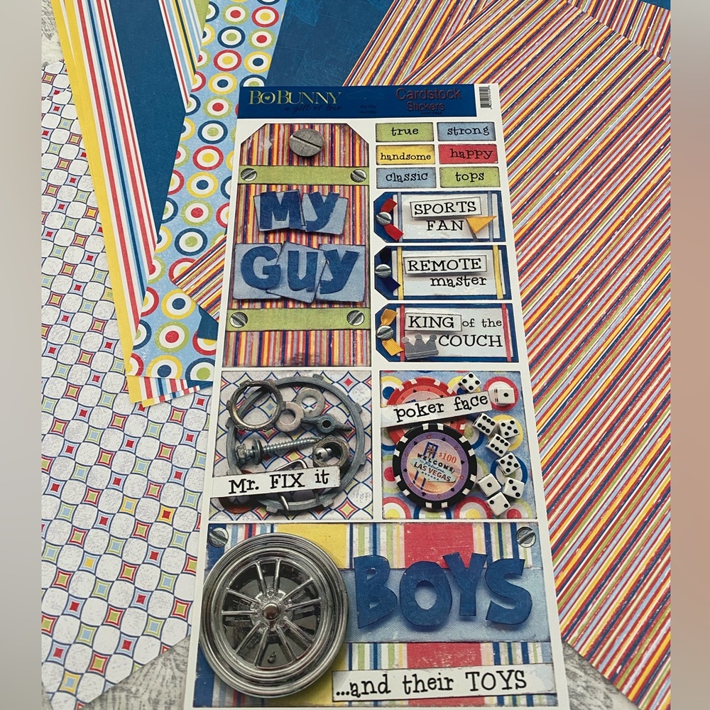 🔧 BO BUNNY “MY GUY” STICKERS & SCRAPBOOK PAPER BUNDLE. RETIRED DESIGN!